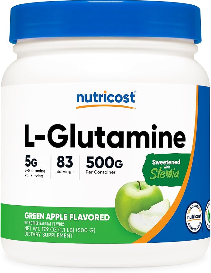 Nutricost L-Glutamine Powder Supplement (Green Apple) 500g - Gut Support 5 Grams per Serving Sweetened with Stevia - Gluten Free Non GMO