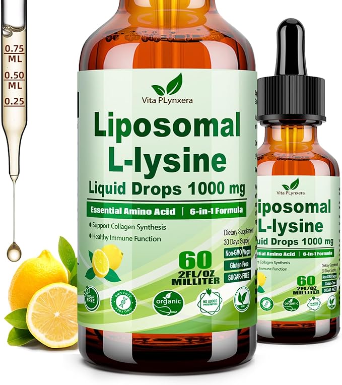 L-Lysine 1000mg Liquid Drops w. Monolaurin Olive Leaf Extract Vitamin C D3 &amp Zinc 6-in-1 Essential Amino Acid Supplement for Immune Collagen Lip &amp Oral Health Liposomal Lysine for Better Abs