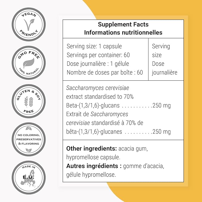 Supersmart - Beta Glucan Supplement 250mg per Day (High Strength) - Beta 1.3/1.6 Glucans - Saccharomyces Cerevisiae Extract | Non-GMO &amp Gluten Free - 60 Vegetarian Capsules