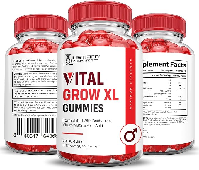 Justified Laboratories (2 Pack Vital Grow XL Performance Gummies 1000MG Advanced Formula Formulated with ACV Pomegranate Beet Juice Powder B12 Vegan Non GMO 120 Gummys