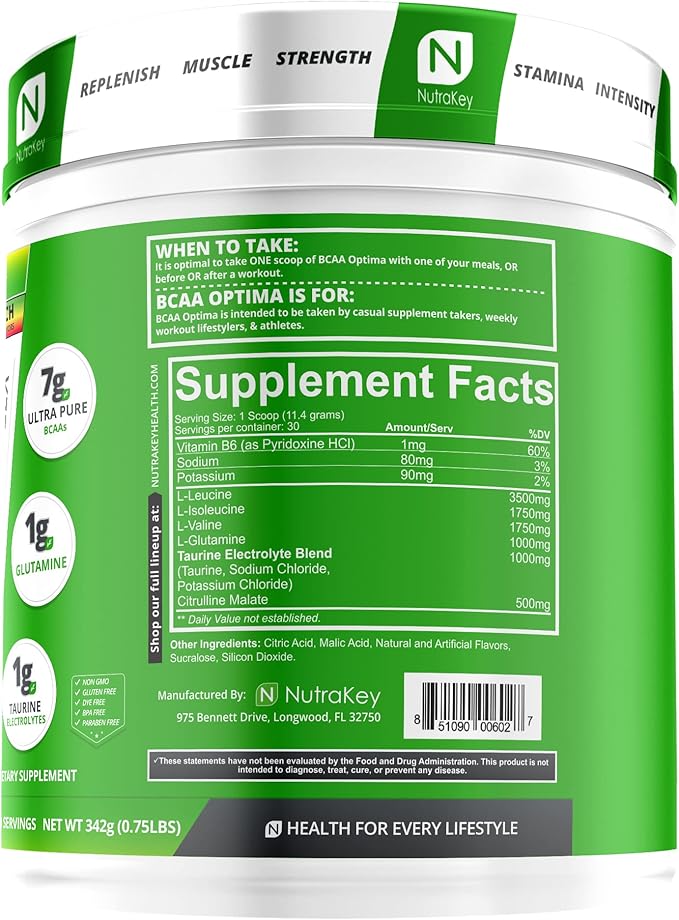 NutraKey BCAA Optima Post Workout Recovery Complex No Sugar No Carb Recovery Aid Fruit Punch
