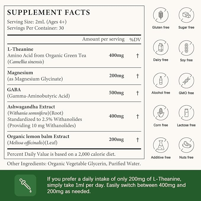 L Theanine 400mg Liquid Drops L-Theanine Supplement for Adults &amp Kids with GABA Magnesium &amp Ashwagandha Natural Sleep Focus &amp Relaxation Support Vegan Alcohol-Free Non-GMO 2 FL OZ