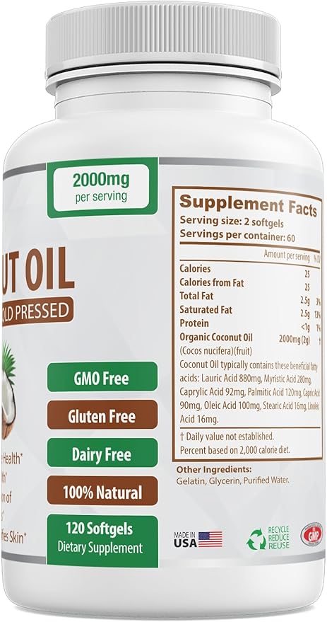 Organic Coconut Oil Capsules 2000mg - 100% Extra Virgin Cold Pressed for Healthy Skin Extra Hair Growth Nail Care Brain Booster - 120 Softgels - Unrefined Pure &amp Non GMO Pills - Rich in MCT