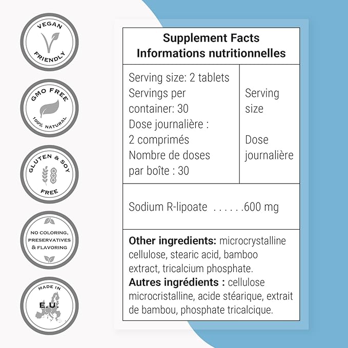 Supersmart - Sodium R-Lipoate 600mg per Day (R-Alpha Lipoic Acid) - Antioxidant Supplement | Non-GMO &amp Gluten Free - 60 Tablets