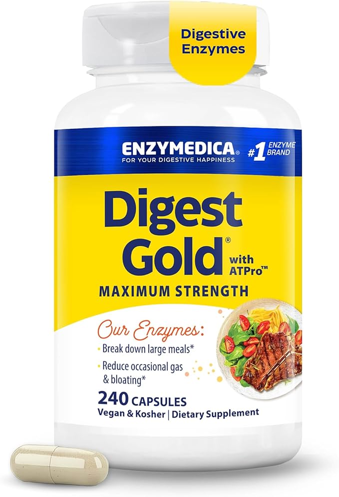 Enzymedica Digest Gold + ATPro Maximum Strength Enzyme Formula Prevents Bloating and Gas 14 Key Enzymes Including Amylase Protease Lipase and Lactase 240 Capsules