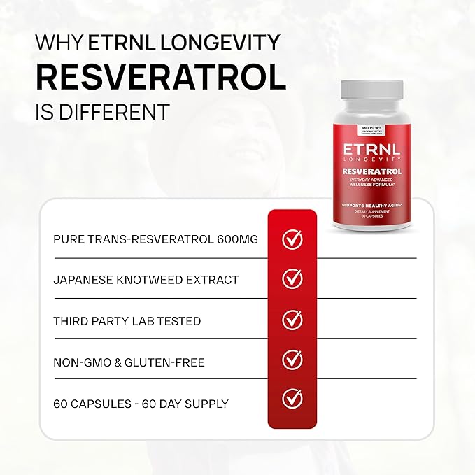 ETRNL Longevity Resveratrol 600mg - 60 Capsules - Premium Japanese Knotweed Extract with Natural Polyphenols - Daily Antioxidant Supplement - Vegan Non-GMO Gluten-Free - Made in USA