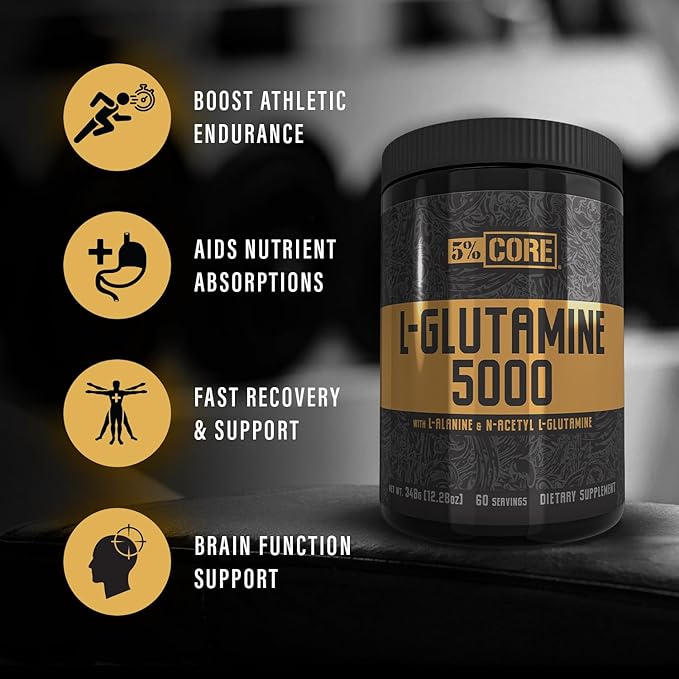 5% Nutrition Core L-Glutamine 5000 Supplement w/L-Alanine | Immune &amp Digestive Support | Amino Acid Muscle Builder Post Workout Recovery | Unflavored (60 Servings)