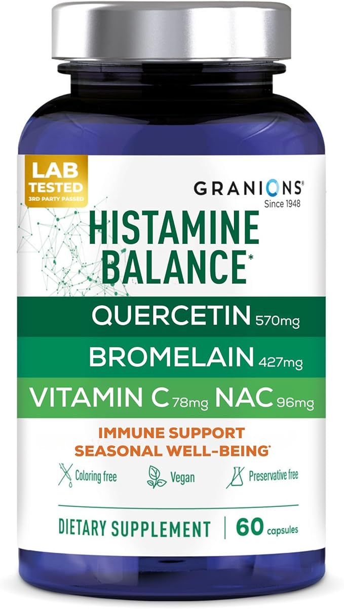 Granions Histamine Balance Complex - Quercetin with Bromelain NAC and Vitamin C - D-Hist Seasonal Histamine Blocker &amp Immune Support Supplement for Adults and Children - 60 Vegan Capsules