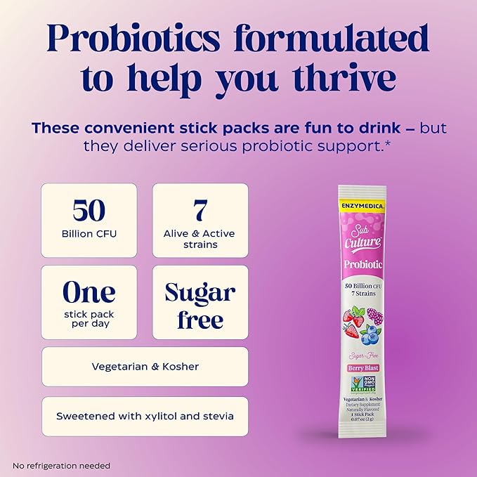 Enzymedica Digest Complete &amp SubCulture Probiotic Drink Mix Powder - Digestive Enzyme Supplement for Women &amp Men Helps Gas &amp Bloating Probiotics for Gut Health 50 Billion CFU Berry Blas