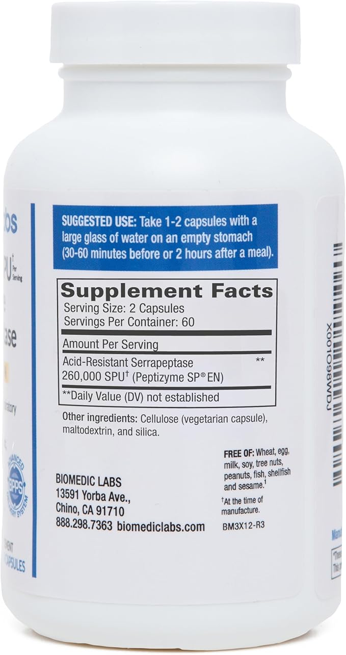Serra-RX 260000 SU Serrapeptase - 120 Veg Capsules Acid-Resistant Proteolytic Systemic Enzyme Non-GMO Gluten Free Vegan Supports Sinus Immune &amp Lung Health