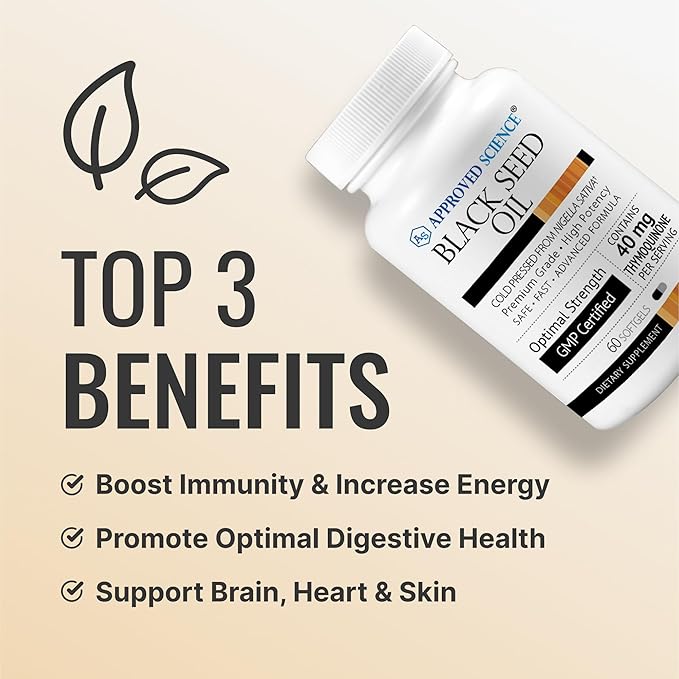 Approved Science Black Seed Oil - Cold Pressed Nigella Sativa - Boost Immunity Respiratory Cognitive and Digestive Health - 2% Thymoquinone - 1 Bottle - 60 Softgels - Made in The USA
