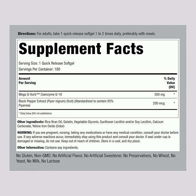 Piping Rock CoQ10 200mg | 180 Softgel Capsules | Supplement for Women and Men | Enhanced Absorption with Black Pepper Extract | Non-GMO Gluten Free