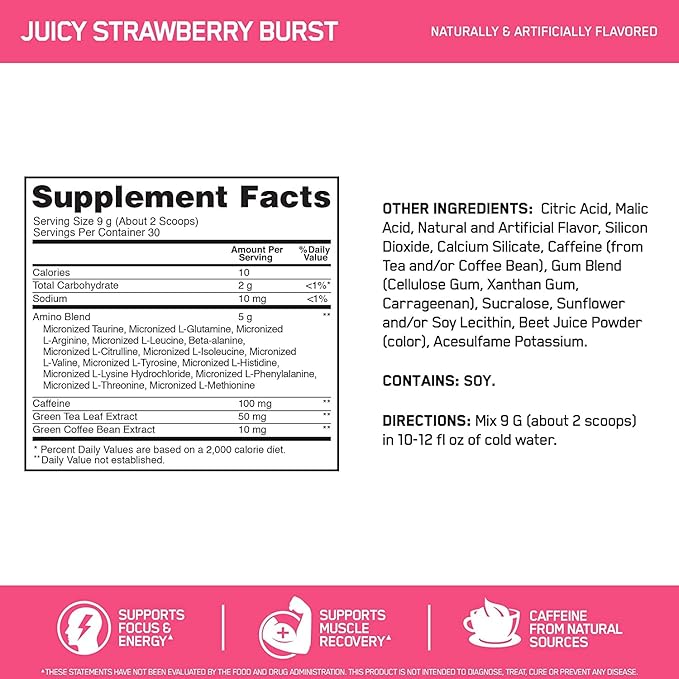 Optimum Nutrition Amino Energy-Pre Workout with Green TeaBCAAAmino AcidsKeto FriendlyGreen Coffee ExtractEnergy Powder-Juicy Strawberry Burst9.5Ounce30 Servings(Pack of 6)(Packaging May Vary)