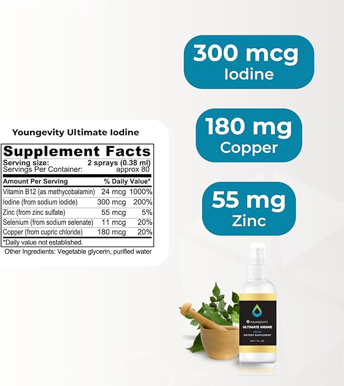 Youngevity Ultimate Iodine Supplement – Vegan Supplement with 300 mcg Iodine B12 Zinc Selenium &amp Copper – Liquid for Energy Metabolism Hormone Balance – Non-GMO Gluten-Free
