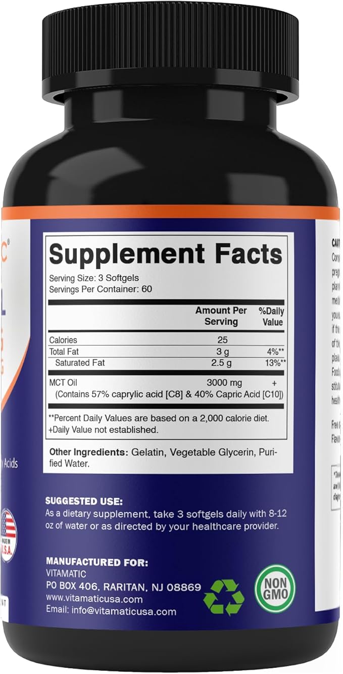 Vitamatic 2 Packs MCT Oil Capsules 3000 mg per Serving - 180 Softgels - from Coconut Oil - Contains 55% caprylic Acid C8 and 40% capric Acid C10 (Total 360 Softgel)