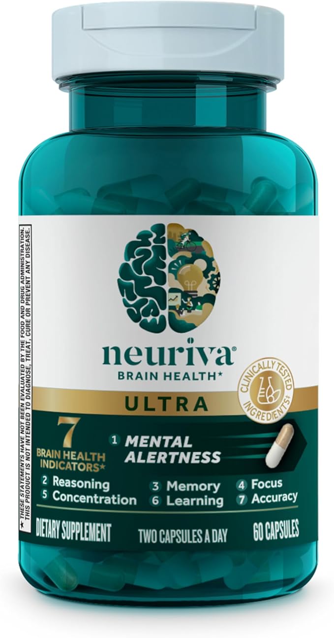 NEURIVA Ultra Decaffeinated Clinically Tested Nootropic Brain Supplement for Mental Alertness Memory Focus &amp Concentration Cognivive Neurofactor Phosphatidylserine Vitamins B6 B12 60 Capsul