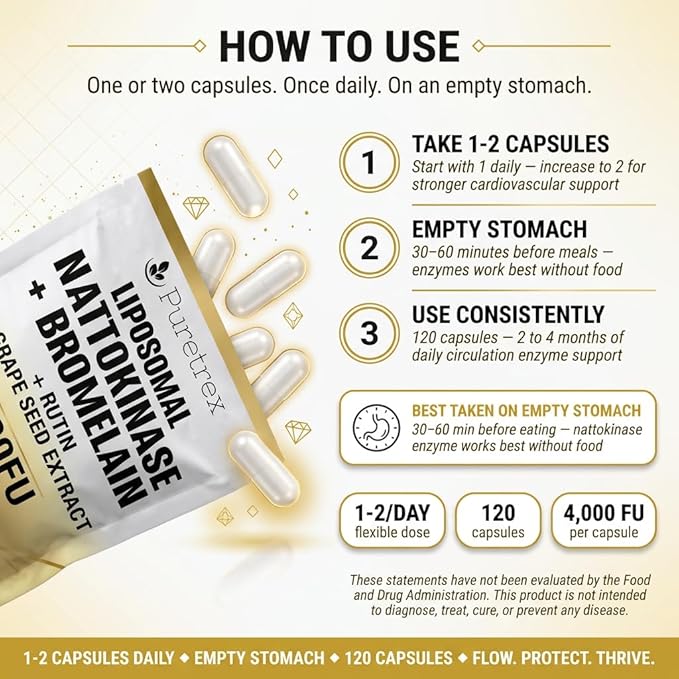 Liposomal Nattokinase 4000 FU + Bromelain 200mg with Rutin + Grape Seed Extract Enteric Coated Capsules Circulation &amp Cardiovascular Support Supplement Non GMO Made in UK 120 Capsules