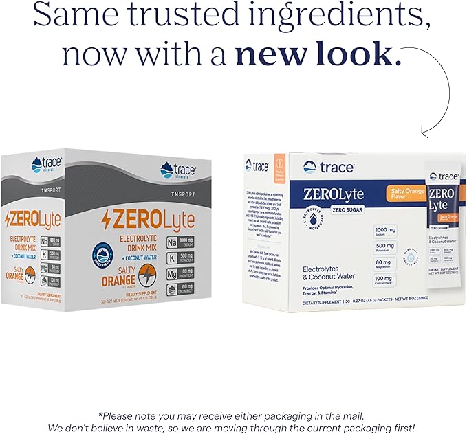 Trace Minerals ZeroLyte Salty Orange Flavor - Sugar Free Electrolyte Drink Mix - Supports Hydration Energy Stamina - Ancient Sea Salt Full Spectrum Minerals Coconut Water - 30 Packets