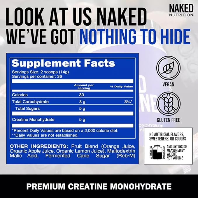 NAKED Pure Micronized Orange Creatine Monohydrate - 36 Servings - 500 Grams 1.1Lb Bulk Vegan Non-GMO Gluten Free Soy Free. Aid Strength Gains No Additives