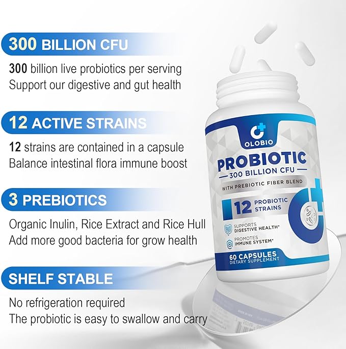 300 Billion CFU Probiotic 12 Strains with 3 Organic Prebiotics Probiotics for Women and Men Daily Supplement for Digestive Immune Gut &amp Bloating Health Shelf Stable Vegan 60 Counts