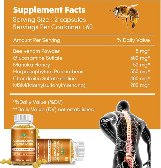 Glucosamine Chondroitin Complex with Raw Honey &amp Bee Venom – Natural Joint Support Mobility &amp Flexibility Supplement 2 Month Supply 120 Softgels