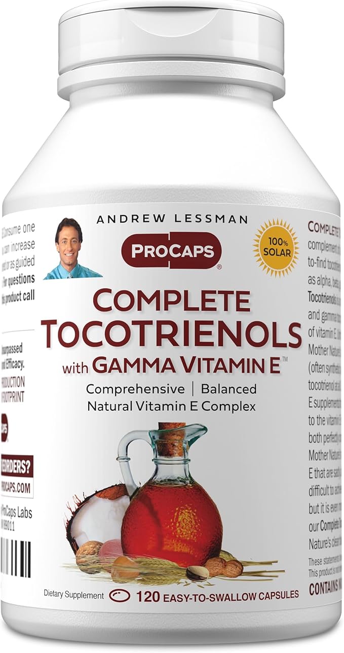 ANDREW LESSMAN Complete Tocotrienols with Gamma Vitamin E 120 Softgels - Eight Forms of Vitamin E (Alpha Beta Gamma Delta Tocopherols and Tocotrienols). Powerful Anti-oxidant. No Additives