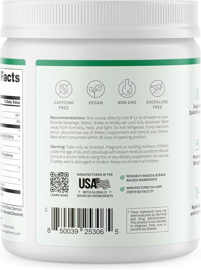 Snap Supplements BCAA Powder - 5g Vegan Branched Chain Amino Acids (2:1:1 Leucine Isoleucine Valine) + Essential Amino Acids with Nitric Oxide Booster 30 Servings Pomegranate Watermelon