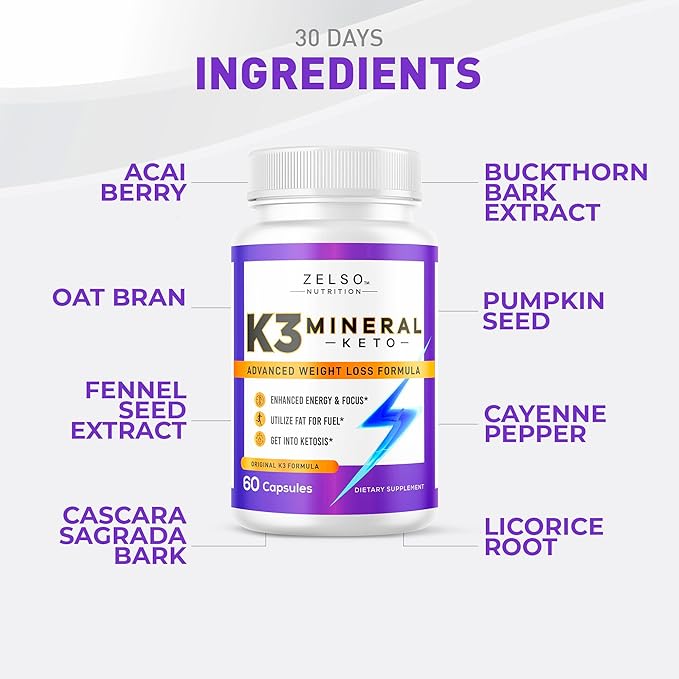 ZELSO K3 Mineral Weight Loss Pills for Women and Men K3 Mineral Pills - K3 Salt Mineral Vitamin + K3 Capsules Supplement for Keto Weight Loss - 1 Month Supply