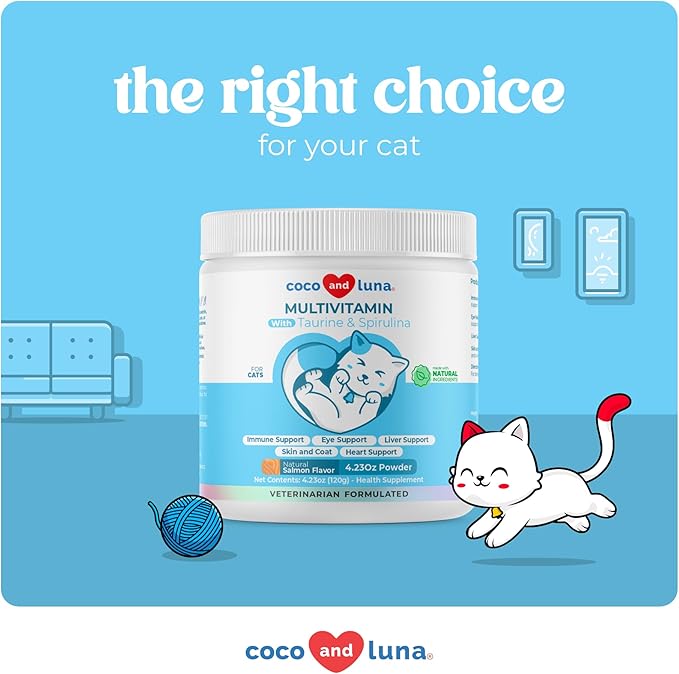 Lysine + Multivitamin for Cats - Immune Support Skin and Coat Health Eye Support - with EPA and DHA Taurine and Spirulina