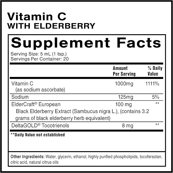 Quicksilver Scientific Liposomal Vitamin C + Elderberry - 1000mg with Superior Absorption Technology &amp Tocotrienols - Antioxidant &amp Immune Support Tonic (100ml) 1 Item