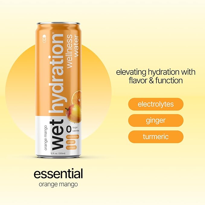 Wet Hydration - Functional Hydration Beverage - Flavored Water Sugar-Free Gluten-Free No Artificial Ingredients (Orange Mango Ginger Turmeric)