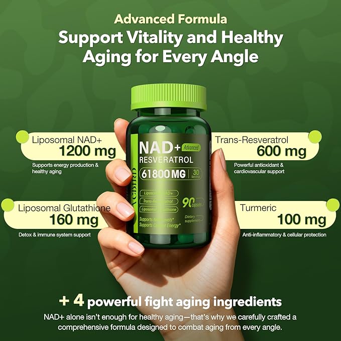 Liposomal NAD Supplement with Resveratrol 61800mg Per Bottle – NAD Resveratrol for Women &amp Men – High Purity 1200mg NAD+ Supplement for Energy &amp Healthy Aging Glutathione Turmeric – 90 Count