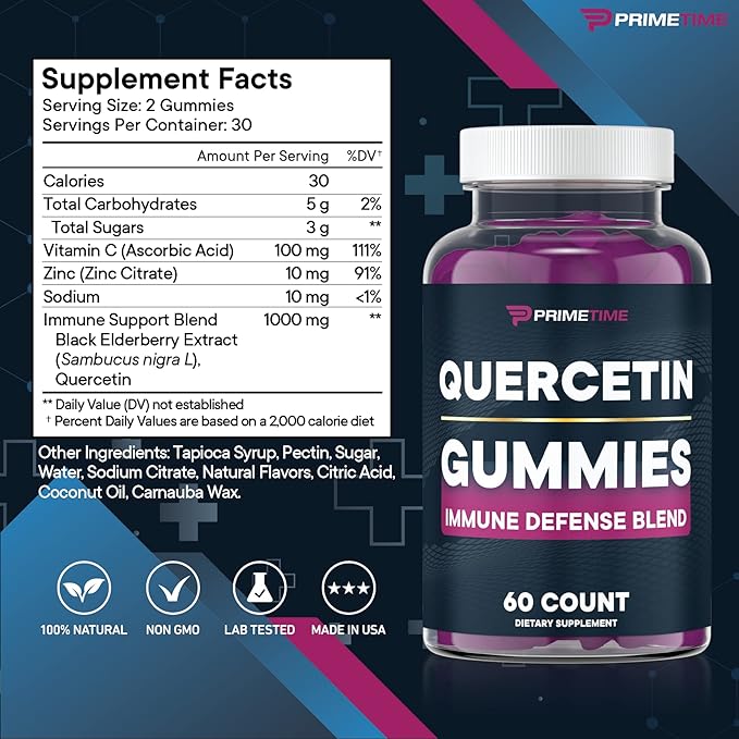 Primetime Sports Quercetin ZincVitamin C 1000mg Gummies Supplements with Elderberry Flavonoid Vitamin for Kids Adults Immunity Immune Support Gummy Booster 60 Count (Pack of 2)