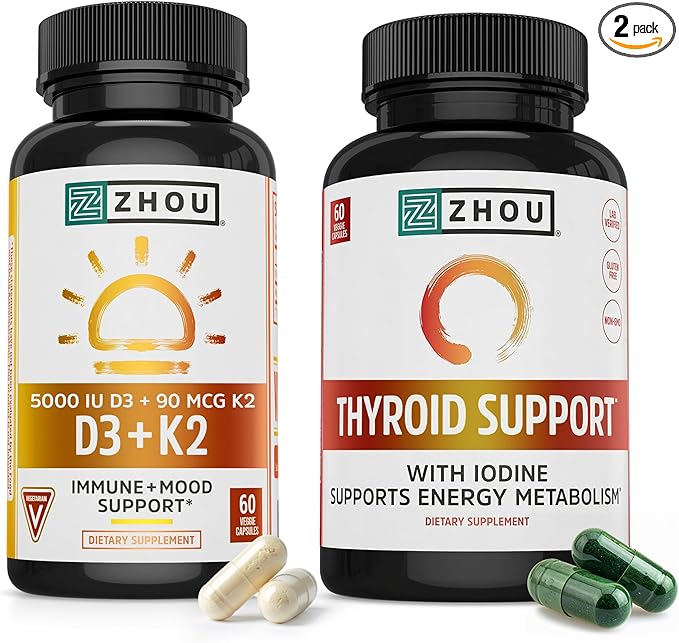 Zhou D3 + K2 &amp Thyroid Support - Vitamin D3 K2 Supplement for Women &amp Men with 5000 IU of Vit D &amp MK-7 Thyroid Supplement with Zinc Iodine &amp Selenium Metabolic Health - 60 Capsules