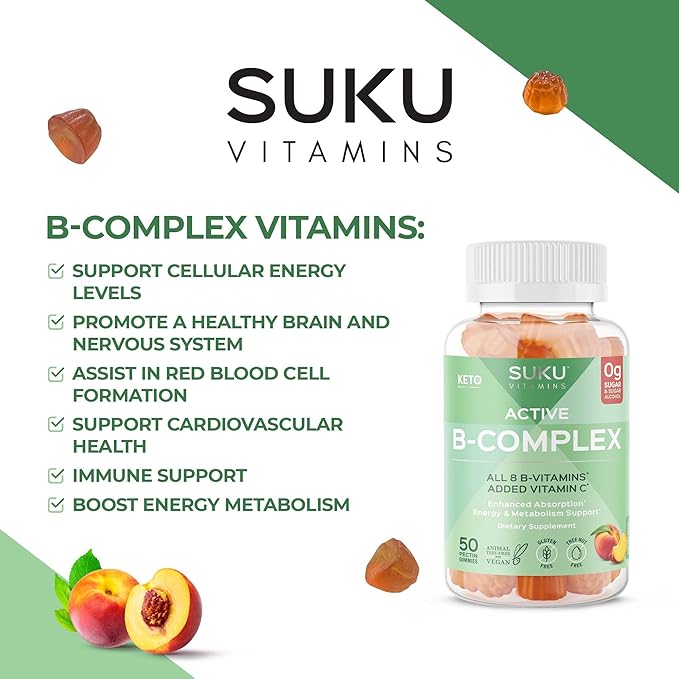 SUKU Vitamin B Complex Gummies with Vitamin C – Sugar Free Vegan 8 B Vitamins Complex Gummy Supplement Increases Cell Development Improves Metabolism &amp Collagen Formation Peach Flavour (50 Gummi