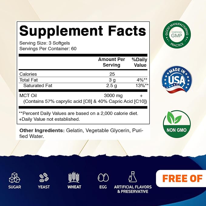 Vitamatic 2 Packs MCT Oil Capsules 3000 mg per Serving - 180 Softgels - from Coconut Oil - Contains 55% caprylic Acid C8 and 40% capric Acid C10 (Total 360 Softgel)