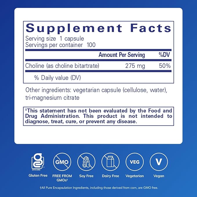 Pure Encapsulations Choline (Bitartrate) - 275 mg Choline (Bitartrate) - Supports Methylation Brain Health &amp Cell Function* - Highly Bioavailable - Vegan &amp Non-GMO - 100 Capsules