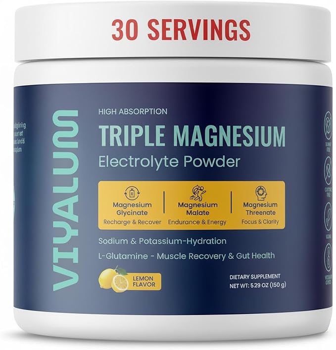 Triple Magnesium Electrolyte Powder | Magnesium Glycinate Malate &amp Threonate | 250 mg High Absorption | Sodium &amp Potassium Hydration Mix with L-Glutamine | Zero Sugar | 30 Servings | Lemon