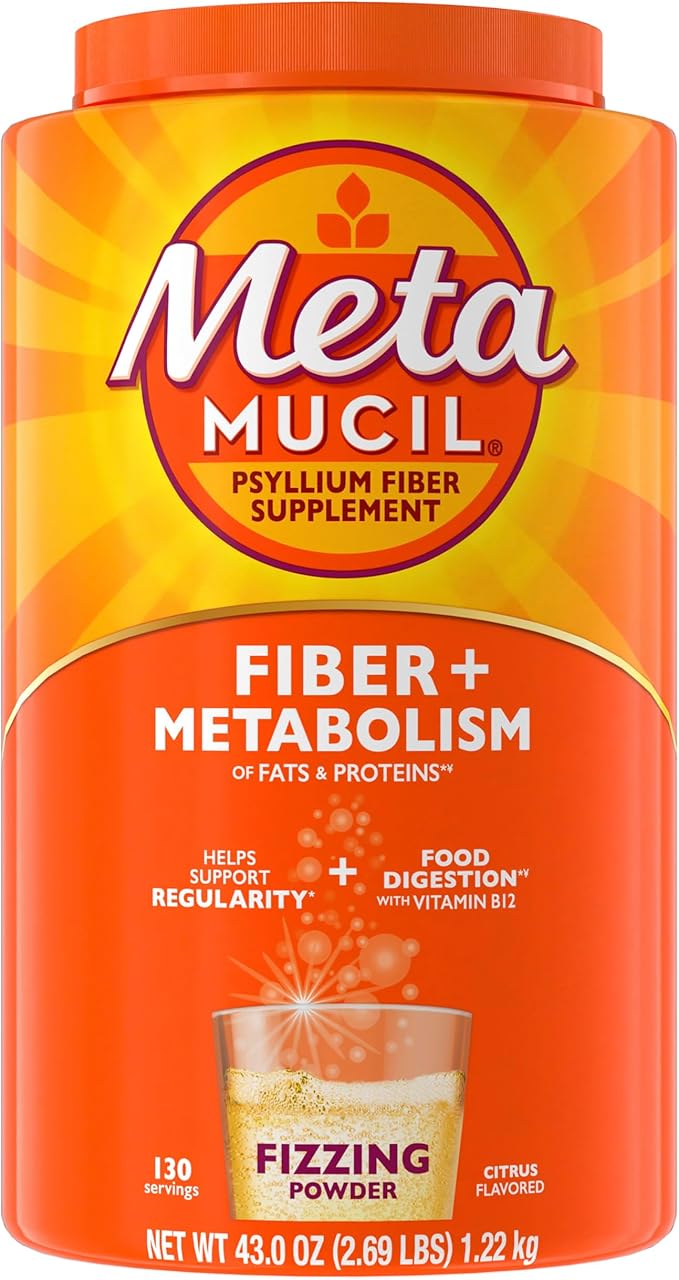 Metamucil Fizzy Fiber Supplement + Metabolism Plant Based Psyllium Fiber Powder with B12 for Metabolism of Fats and Proteins Daily Supplement for Regularity Citrus Flavored Sugar-Free 130 Serving