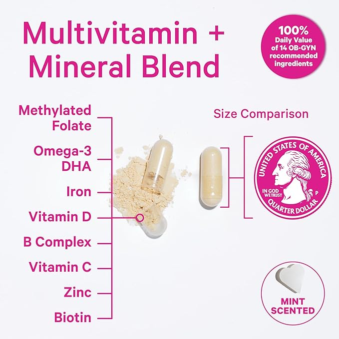 Pink Stork Total Prenatal Vitamins with DHA Folate Iron Choline and Vitamin B12 - Preconception Nutrition - Prenatals for Women Pregnancy Must Haves - Mint Essence 180 Capsules 3 Month Supply