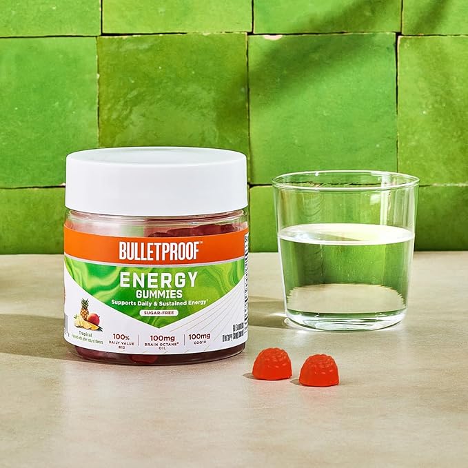 Bulletproof Sugar-Free Tropical Energy Gummies 60 Count Supplement for Daily &amp Sustained Energy with 100mg CoQ10 Daily Value of B12 100mg Brain Octane Oil