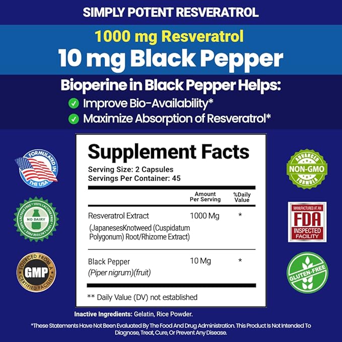 Simply Potent Resveratrol 1000mg Supplement with Black Pepper for Max Absorption Antioxidant &amp Anti-Aging Pills for Heart Immune &amp Skin Health 90 Capsules