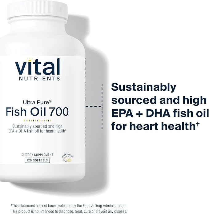 Vital Nutrients Ultra Pure Fish Oil 700 - Supports Heart Brain and Joint Health* - Sustainably Sourced High EPA &amp DHA Omega-3 Fatty Acid - Lemon Flavor - Gluten Dairy &amp Soy Free - 120 Softg
