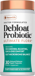 Renew Life Ultimate Flora Debloat Probiotic | 30 Delayed Release Vegan Capsules | with Potent Digestive Enzymes B12 &amp Chromium | Free of Gluten Dairy and Soy