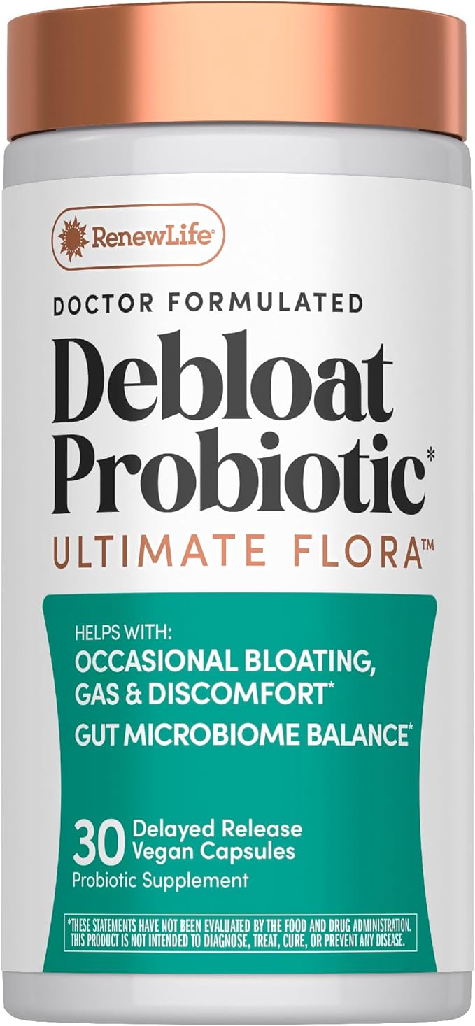 Renew Life Ultimate Flora Debloat Probiotic | 30 Delayed Release Vegan Capsules | with Potent Digestive Enzymes B12 &amp Chromium | Free of Gluten Dairy and Soy