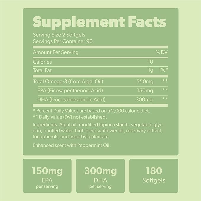 Vegan Omega 3 Supplement - Plant Based DHA &amp EPA Fatty Acids - Carrageenan Free Alternative to Fish Oil Supports Heart Brain Joint Health - Sustainably Sourced Algae Fish Oil Free - 180 Softg