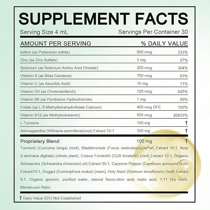 Kindled Thyroid Support Drops - Actora Liquid Drops Formula with Selenium Iodine Ashwagandha &amp Zinc for Energy &amp Metabolism Support Berry Flavor 4 fl oz