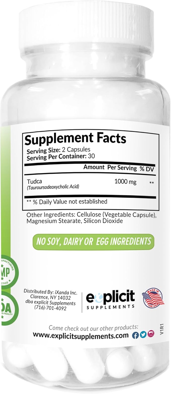 eXplicit Supplements Max Strength Pure TUDCA 1000mg per Serving (60 Capsules) High Potency Premium Quality Tudca Supplement
