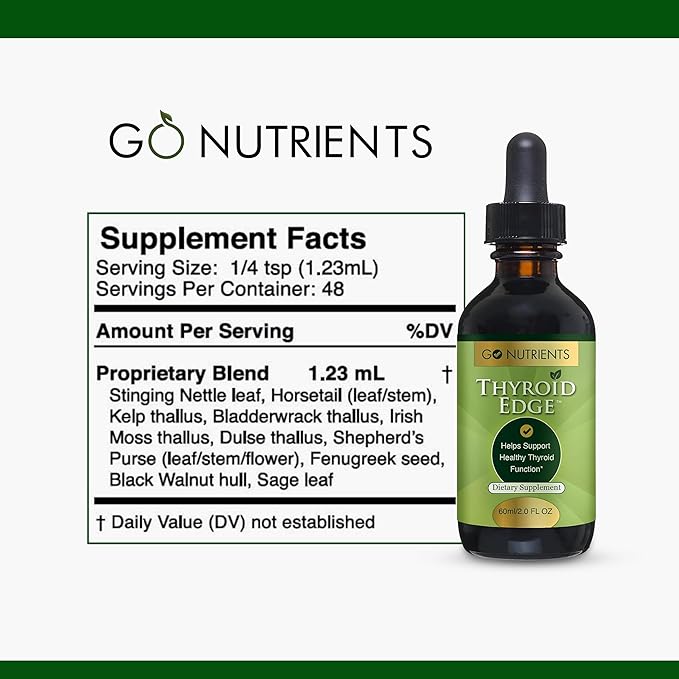 Go Nutrients Thyroid Edge – Thyroid Support for Women &amp Men - Natural Herbal Blend Supplement Rich in Iodine for Energy &amp Enhanced Wellness - High Absorbing Liquid Drops 2oz Bottle