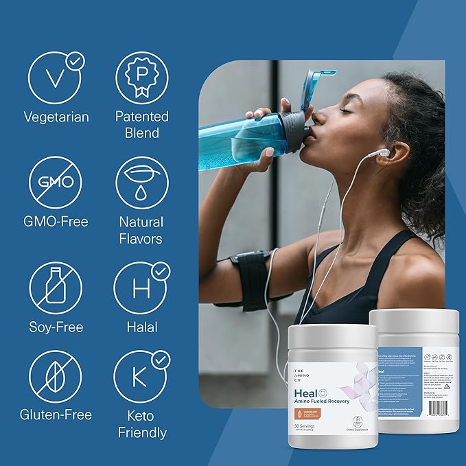 The Amino Co. - Heal - Post Workout Recovery Drink with Pure Eaa Amino Acid Formula - Creatine Monohydrate Powder for Efficient Muscle Repair Vegan and Keto-Friendly with Chocolate Flavor - 13.23oz.